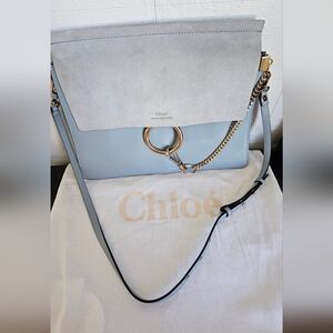 CHLOE Calfskin Suede Medium Faye Shoulder Bag Airy Grey blue